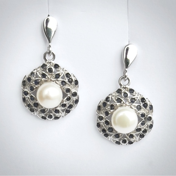 925 Silver Dangle Earrings with White Pearl and Blue Sapphires - Picture 1 of 8